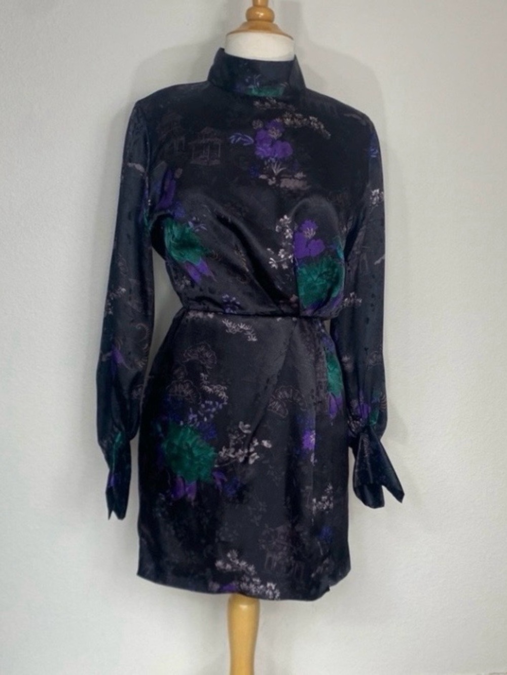 Zara Womens Jewel Asian Floral High Neck Long Sleeve Satin Mini Dress Size Small